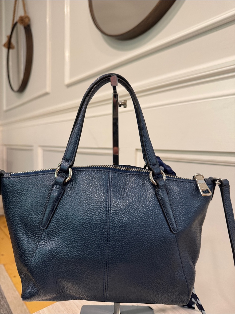 COACH Bag Mini Kelsey Pebbled Leather Metallic Navy Tote Crossbody - Picture 9 of 17